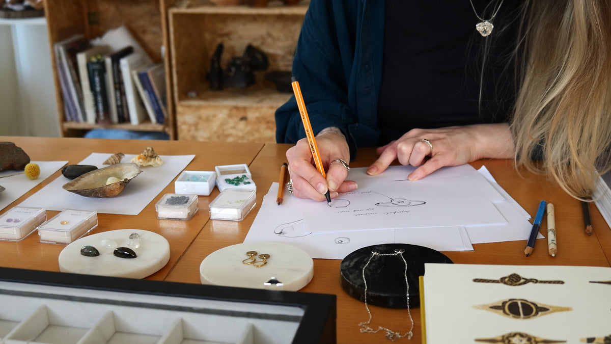a picture showing a process of designing and sketching jewelry